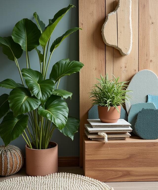 Ejemplos de materiales de diseño sostenible como madera reciclada y plantas de interior