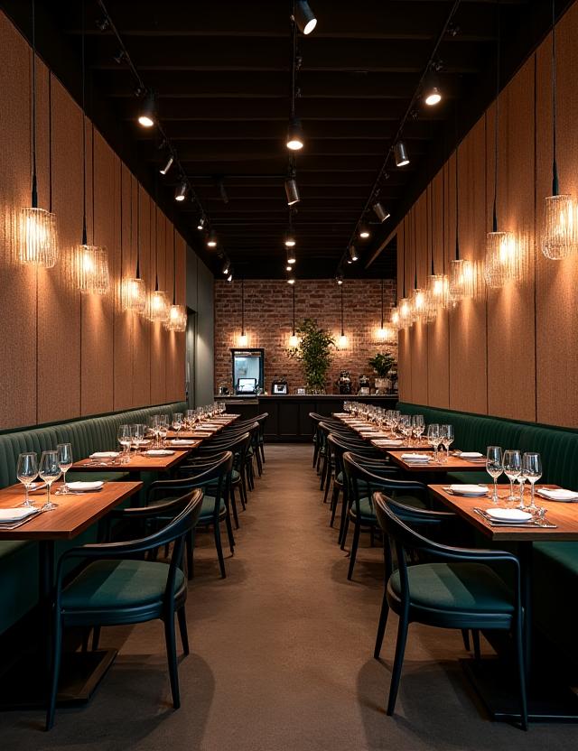 Interior moderno de un restaurante de fusión en Malasaña, con iluminación ambiental