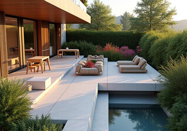 Diseño paisajístico de una terraza y jardín modernos con zona de estar
