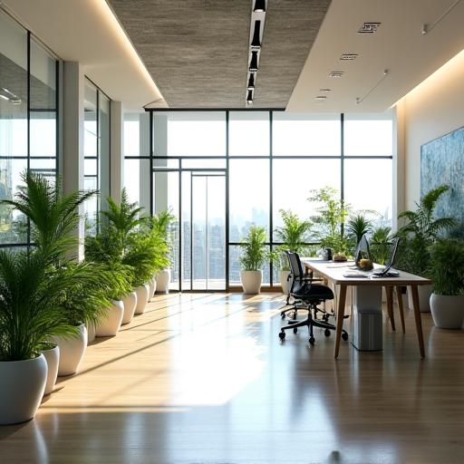 Diseño de interiores de una oficina moderna y luminosa