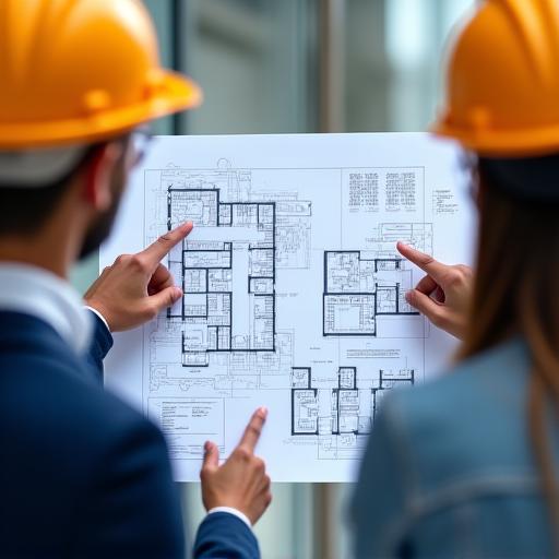 Equipo de diseño revisando planos de construcción